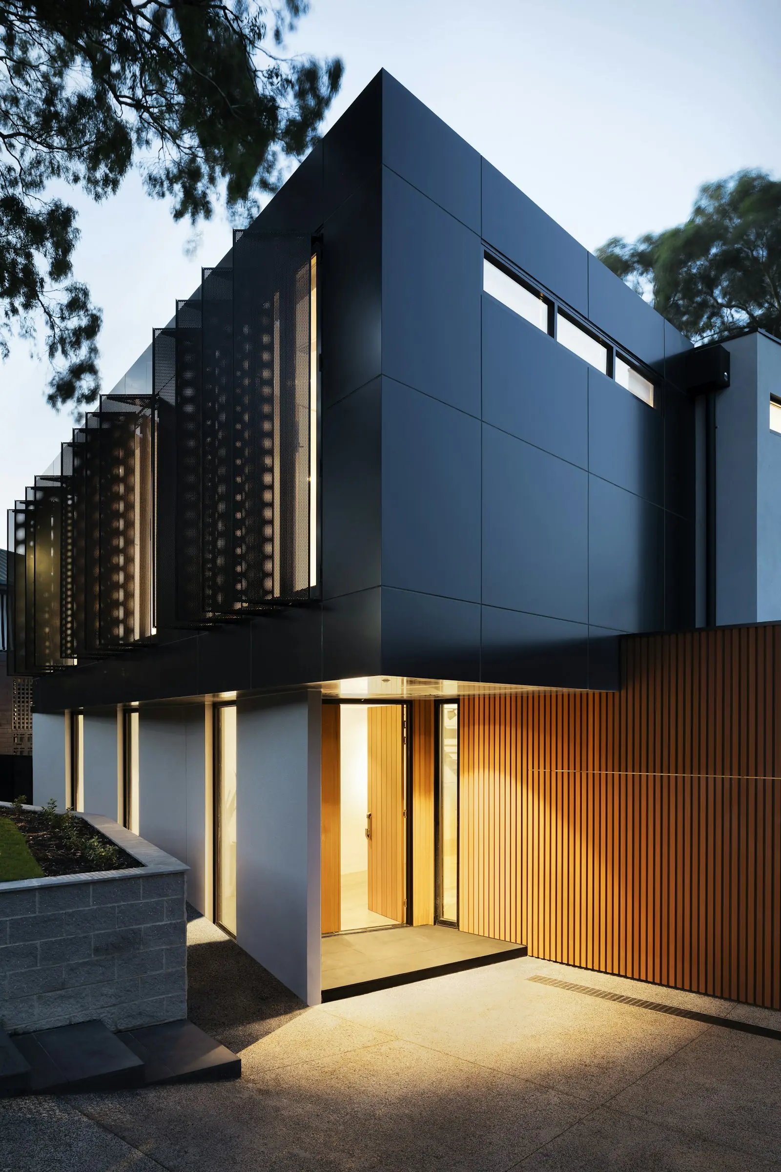Modern home exterior at dusk
